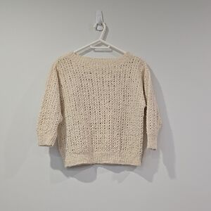 Vintage Handknit Peekaboo Cream Knit Cropped Fisherman Core Women's Sweater